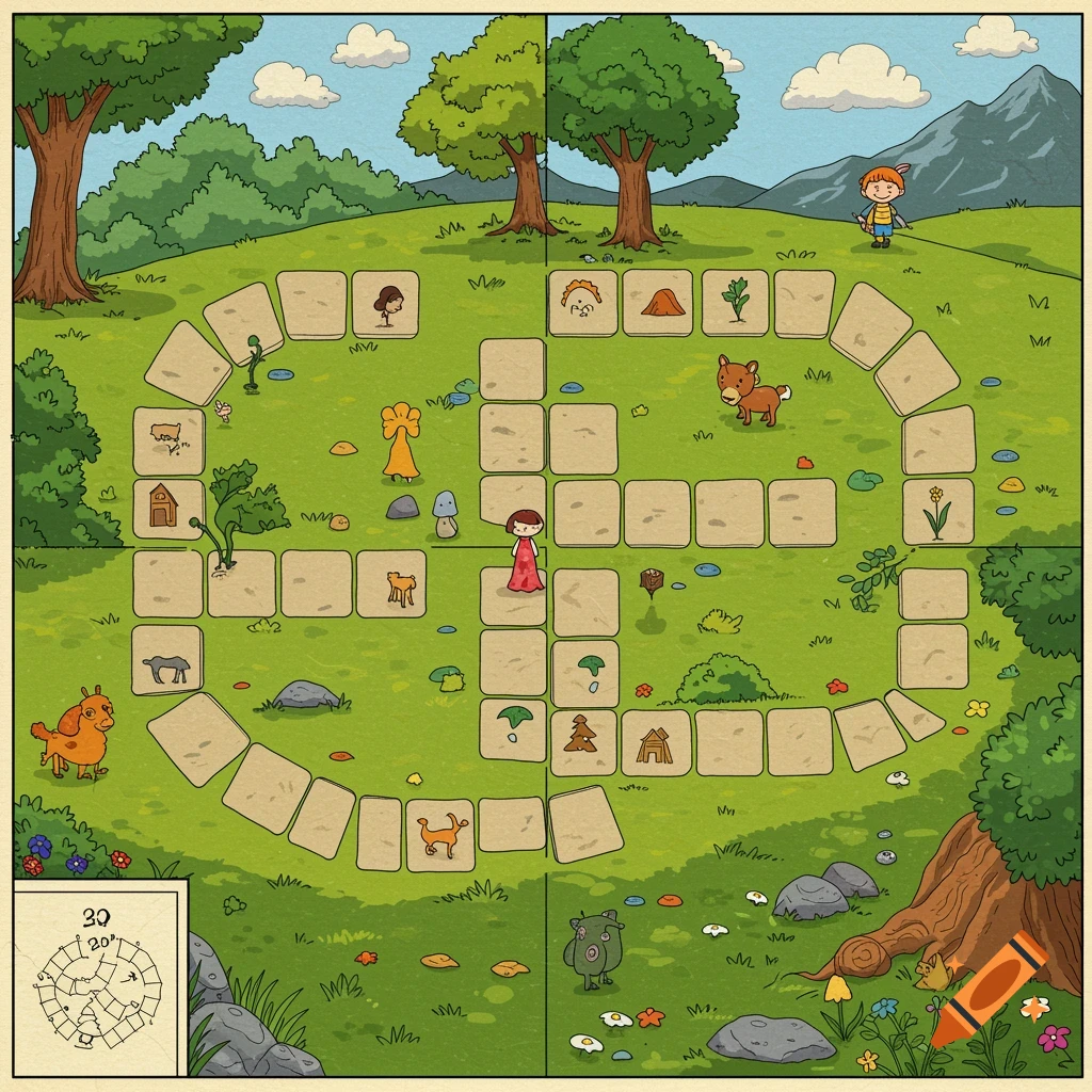 Clip art illustration of a board game path with rectangular stepping stones winding through a grassy landscape with trees and cartoon animals.