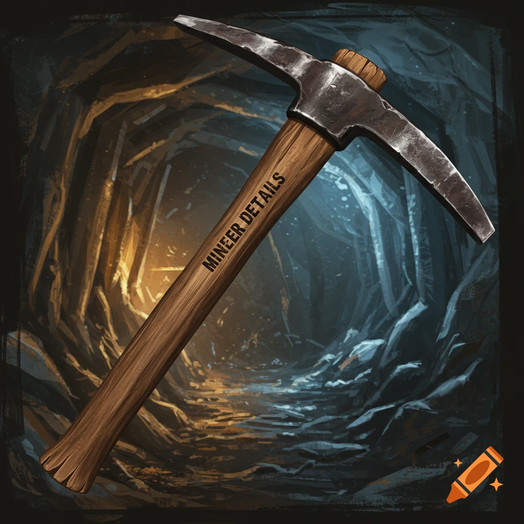 A detailed illustration of a pickaxe with 'MINEER DETAILS' on the handle, set in a glowing mine tunnel.
