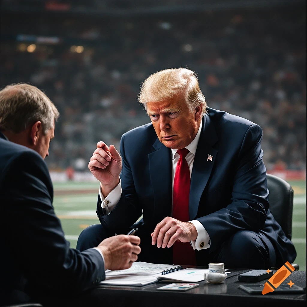 Donald Trump looks at documents at a table in a sports stadium.