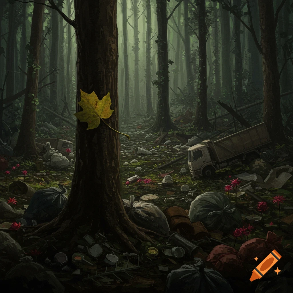 Dark painting of a polluted forest floor covered in trash and bags, with a single green leaf on a tree trunk.