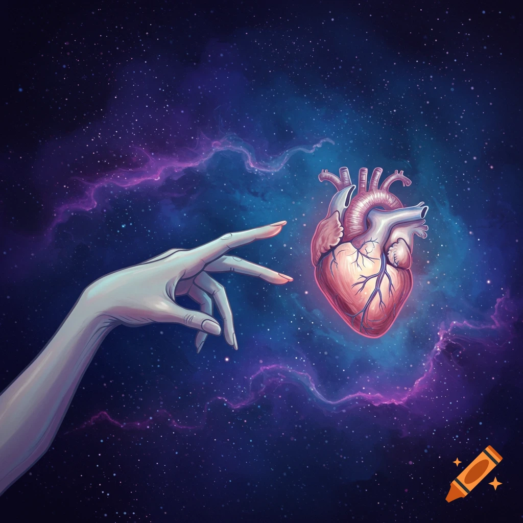 Stylized hand reaching towards a glowing heart in a cosmic space scene with nebulas and stars.