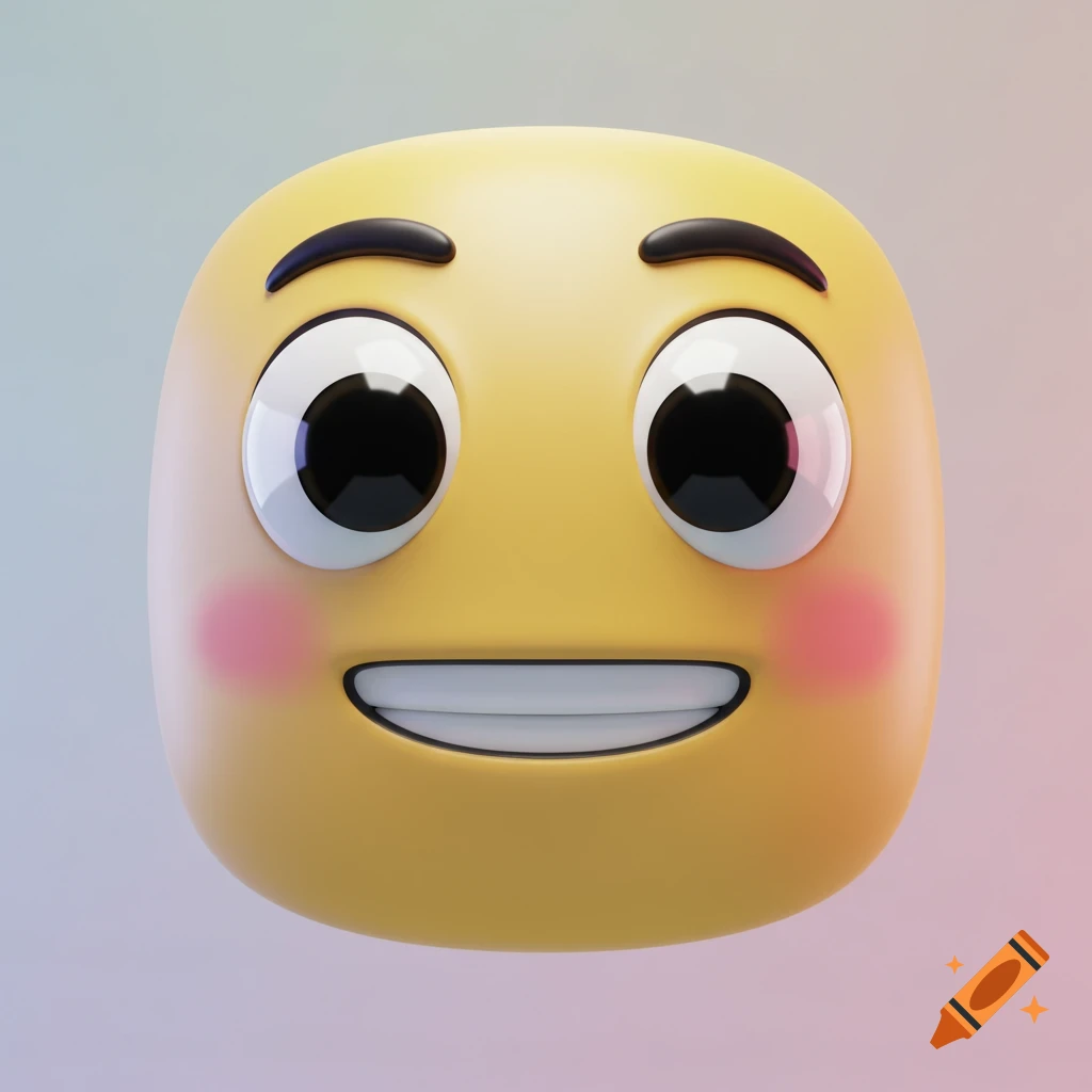 A 3D rendered yellow emoji face with big eyes, blush, and a wide smile.