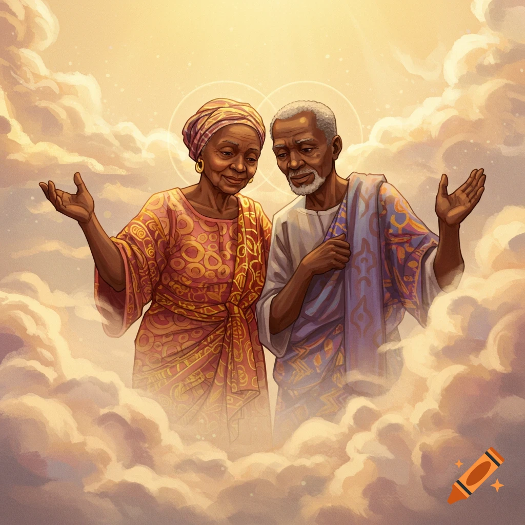 Illustration of elderly black grandparents looking down from clouds in a bright sky.