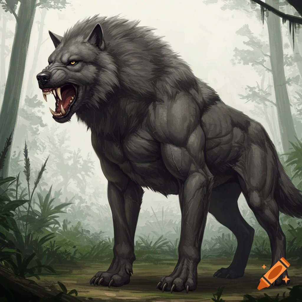 Muscular grey dire wolf growling in a misty forest