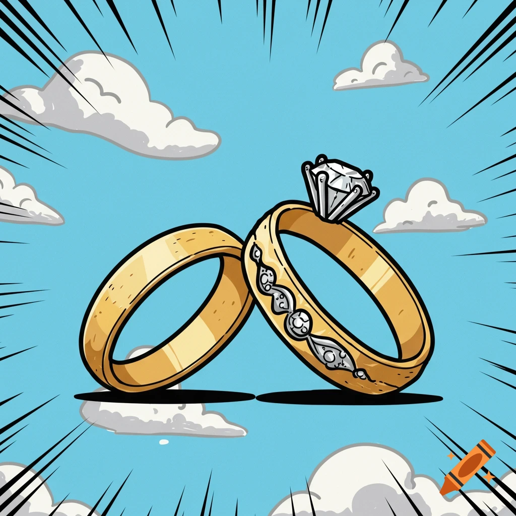 Cartoon illustration of two gold wedding rings floating in a blue sky with clouds and speed lines.