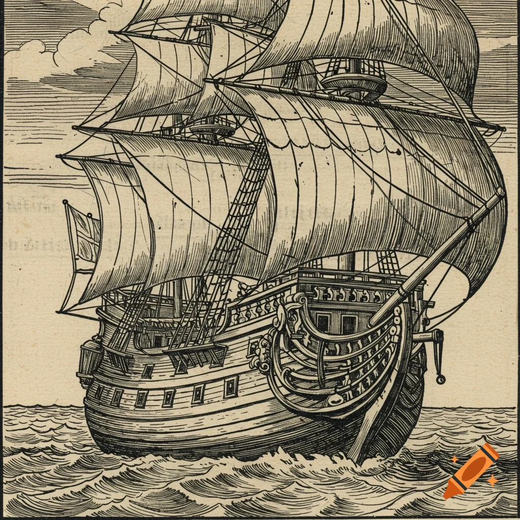 An old sailing ship on rough seas in a black and white woodcut illustration style.