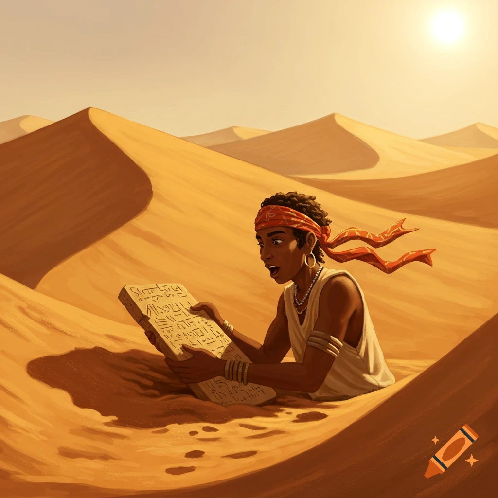 A person in a desert reads an ancient tablet.