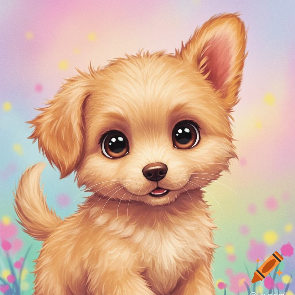 A cute fluffy puppy sitting in a pastel, floral setting.