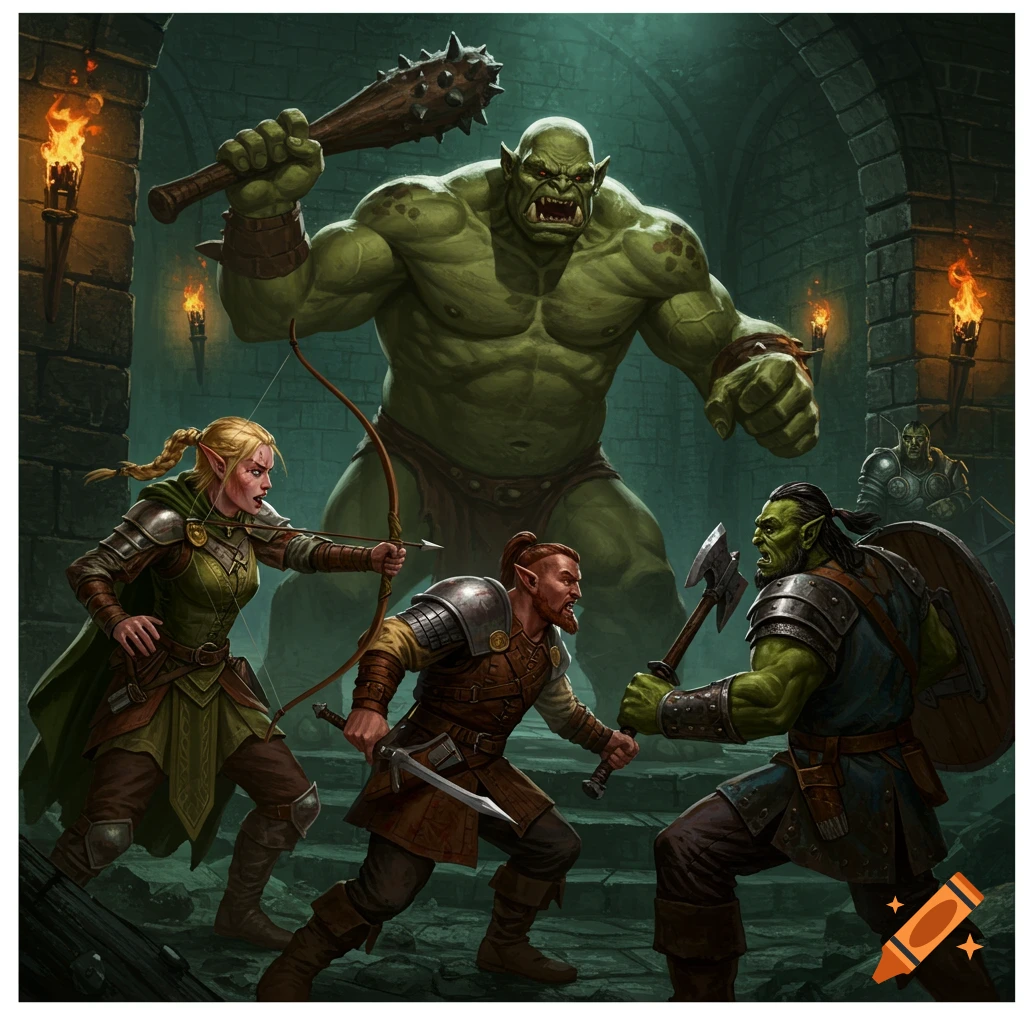 A fantasy party of warriors fights a large ogre in a dungeon, painted style.