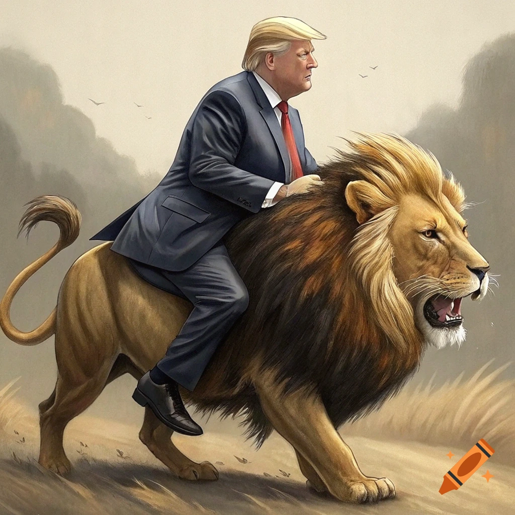 Donald Trump in a suit rides a lion through a landscape, painterly style.