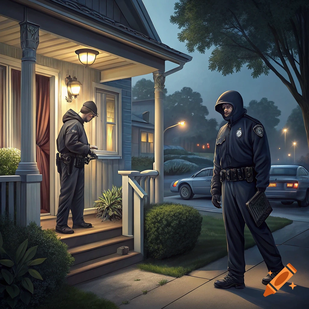 Two police officers stand outside a house at night in a digital illustration.
