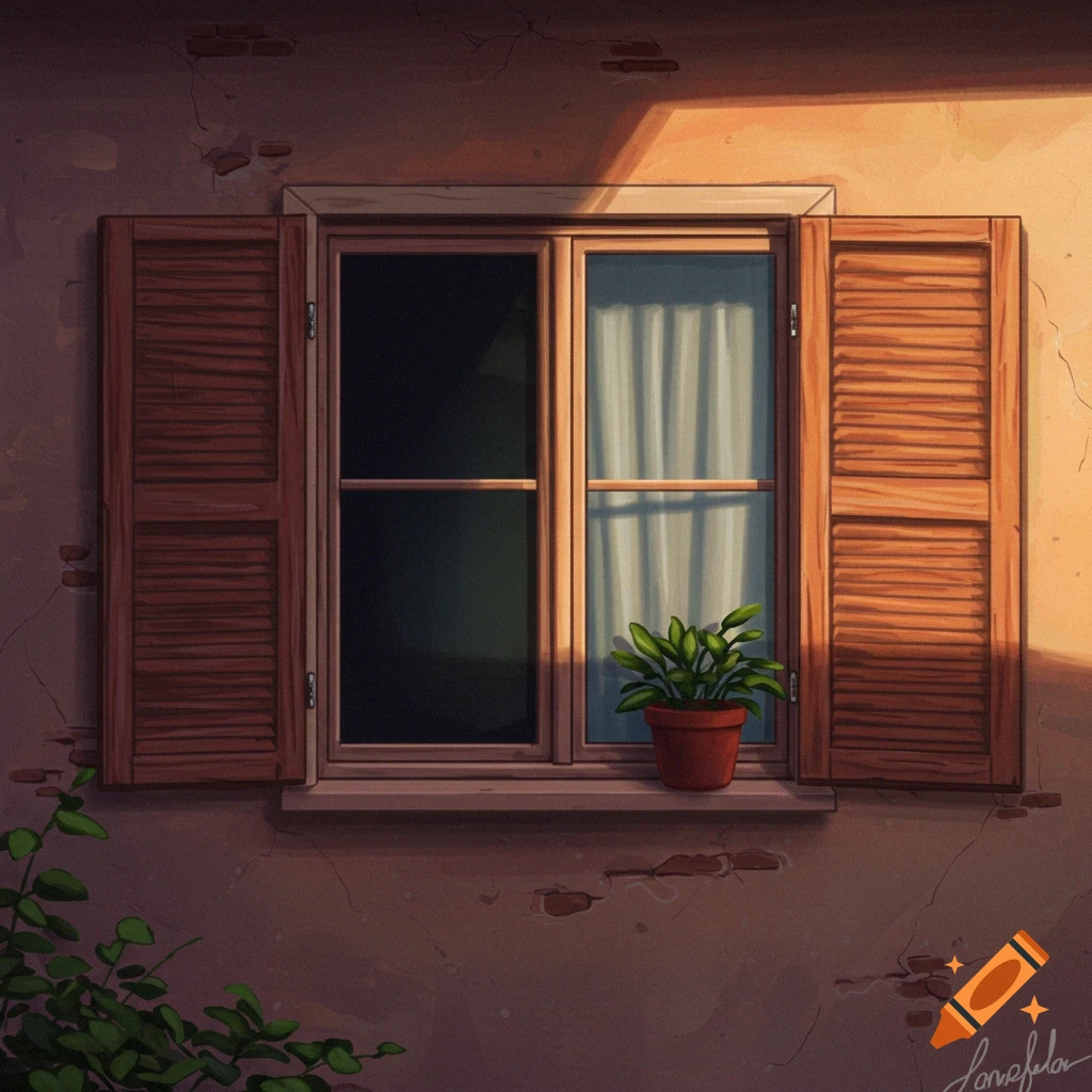 An illustration of a window with open wooden shutters and a potted plant on a sunlit wall.