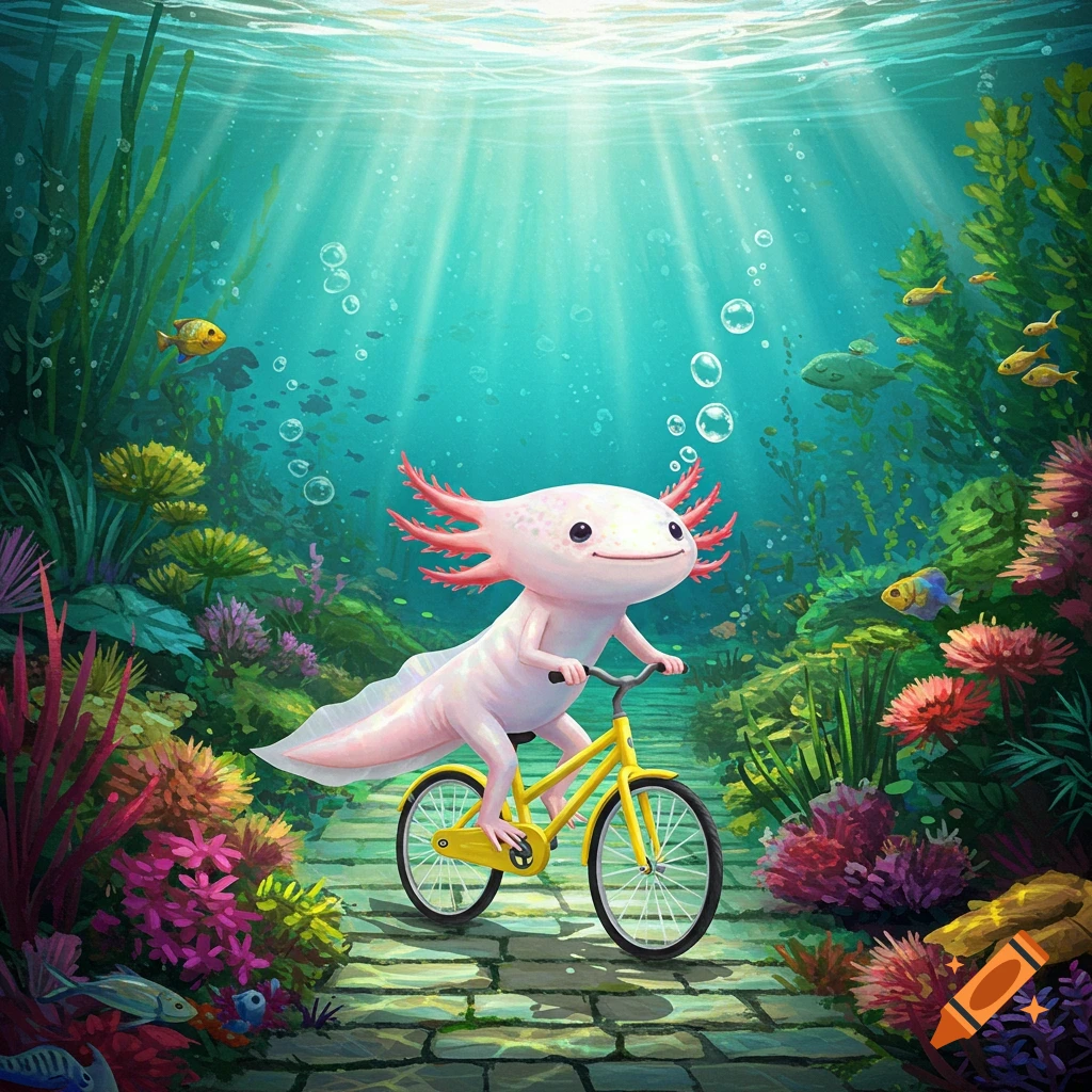 A cute axolotl rides a yellow bicycle on a path underwater, surrounded by plants and fish.
