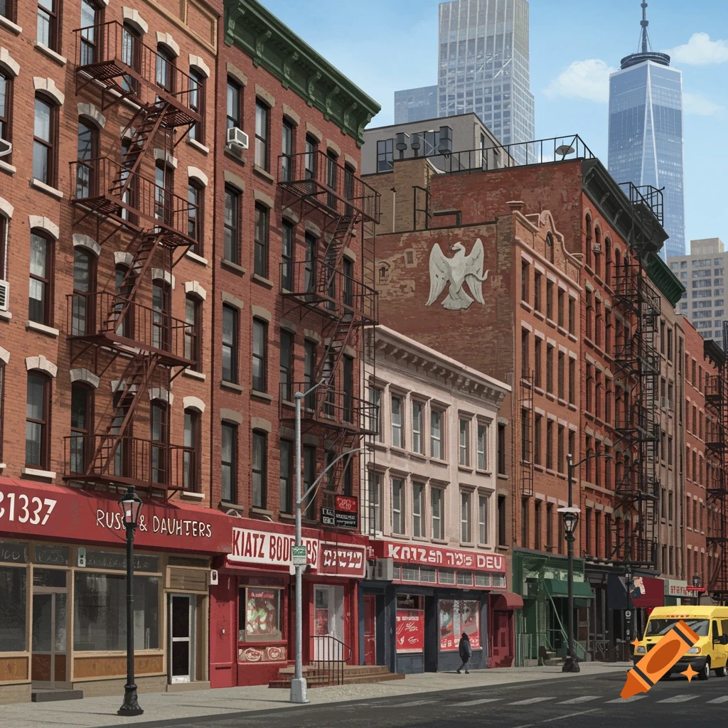 Illustration of a New York City street with brick buildings, fire escapes, and storefronts like Russ & Daughters.