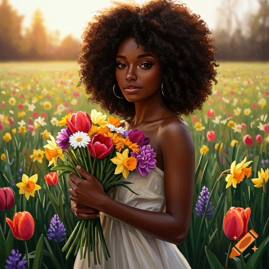 A Black woman holding a bouquet of colorful flowers stands in a sunny field.