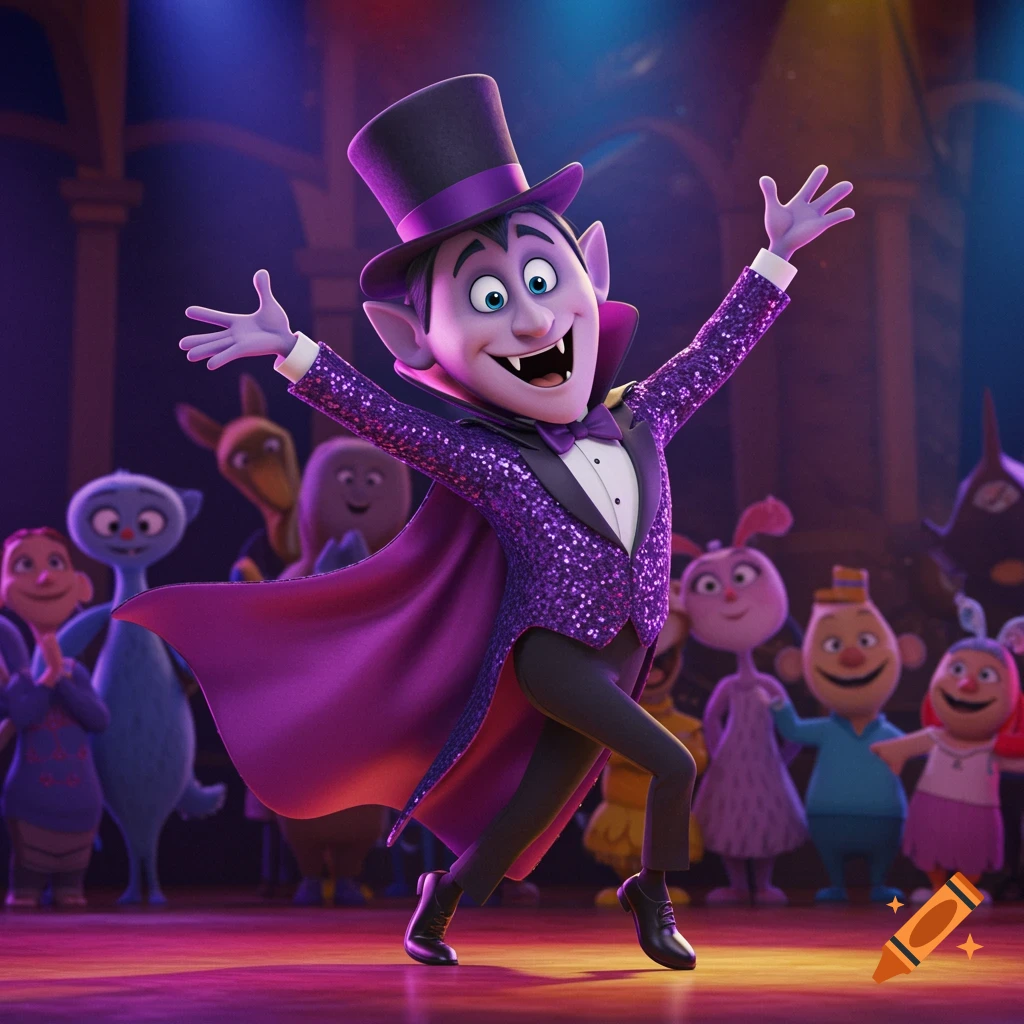 A cartoon vampire character in a sparkly jacket and top hat dances on a stage with other cartoon characters watching.