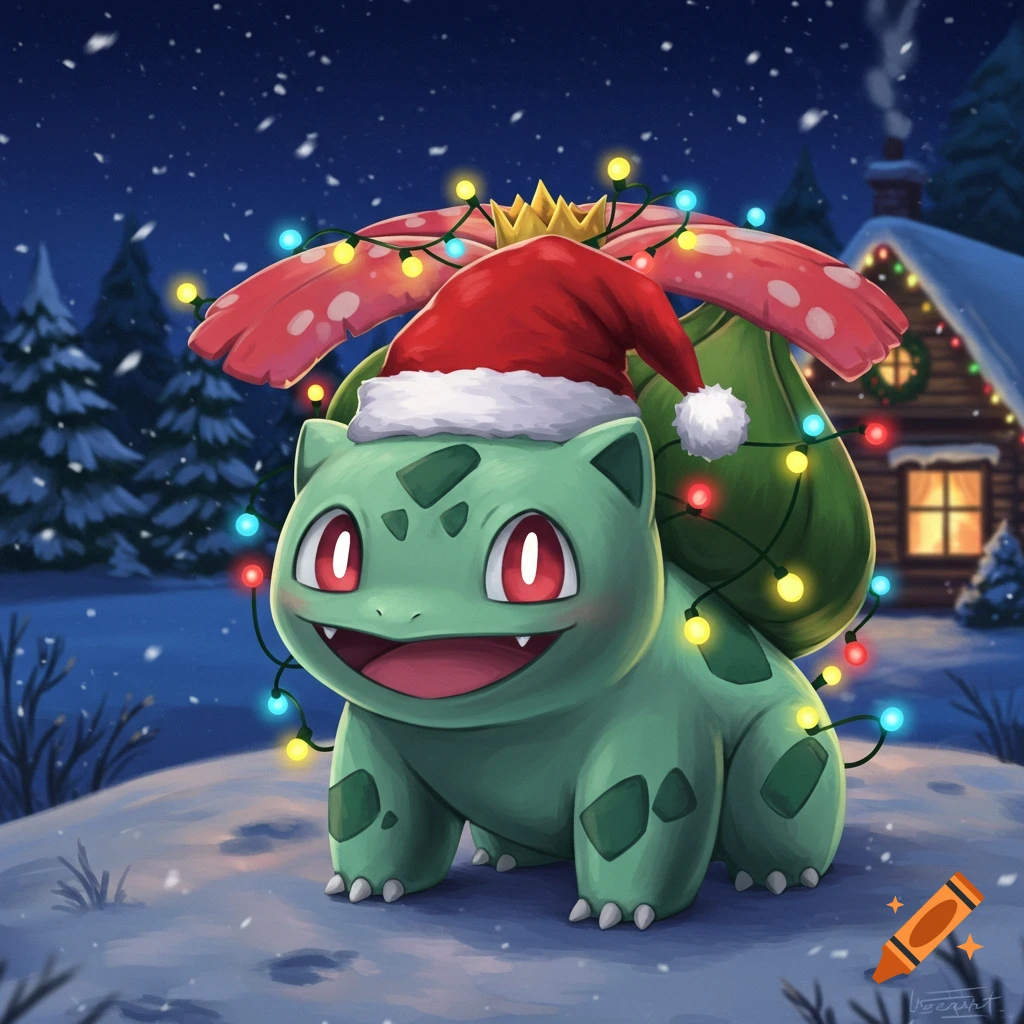 Illustration of Bulbasaur wearing a Santa hat and Christmas lights in a snowy scene.