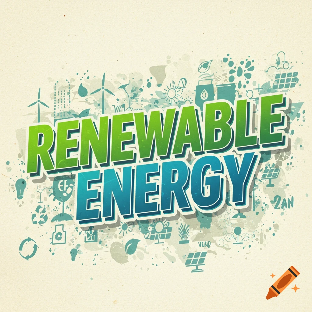 Graphic illustration with 'RENEWABLE ENERGY' text and icons related to green energy like wind turbines and solar panels.