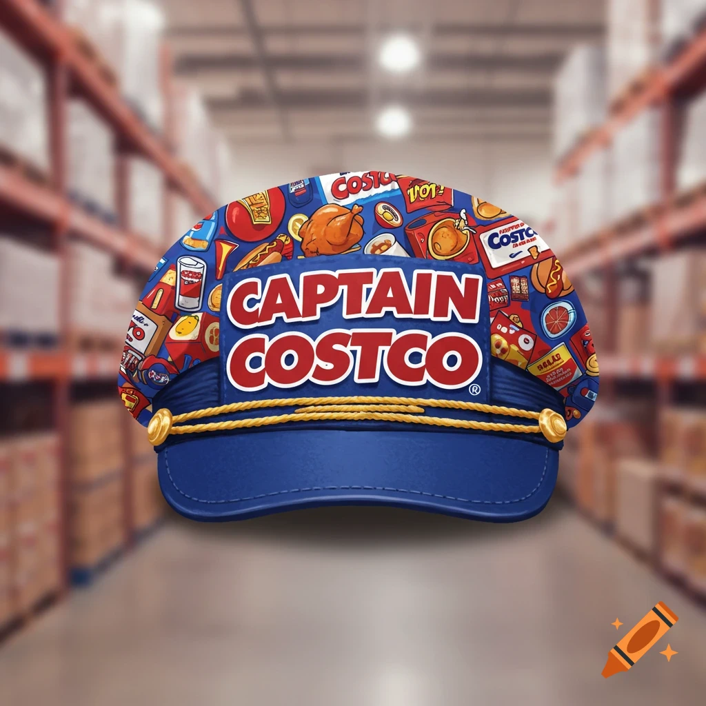 A blue hat featuring 'Captain Costco' text and decorated with illustrations of Costco food court items like hot dogs and rotisserie chicken, set in a blurred warehouse.