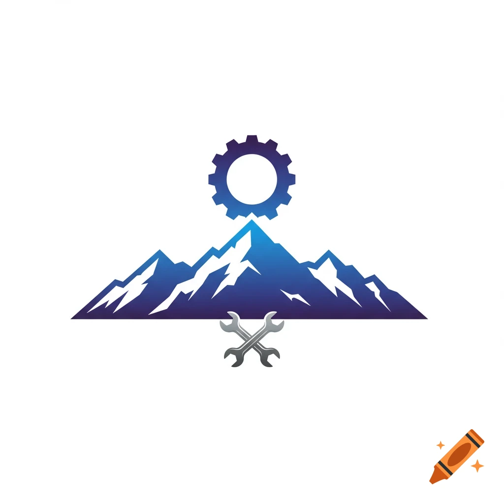 Logo with blue mountains, a purple gear above, and crossed wrenches below.