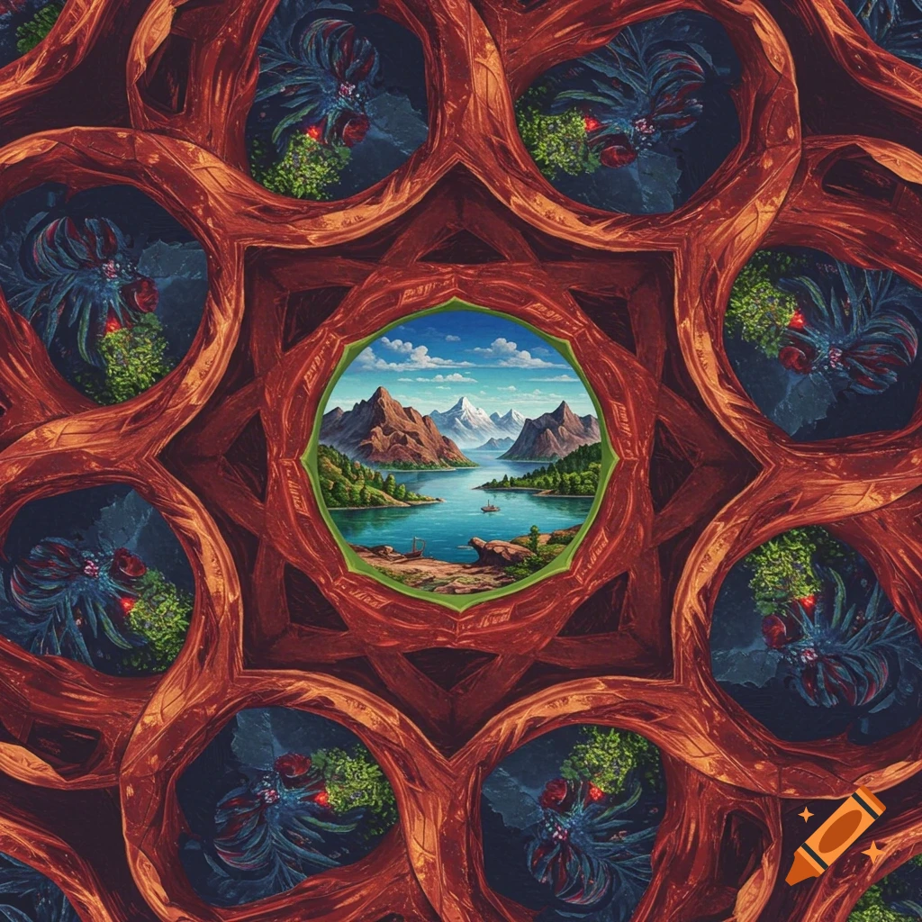 Detailed landscape painting centered within an abstract red organic pattern.