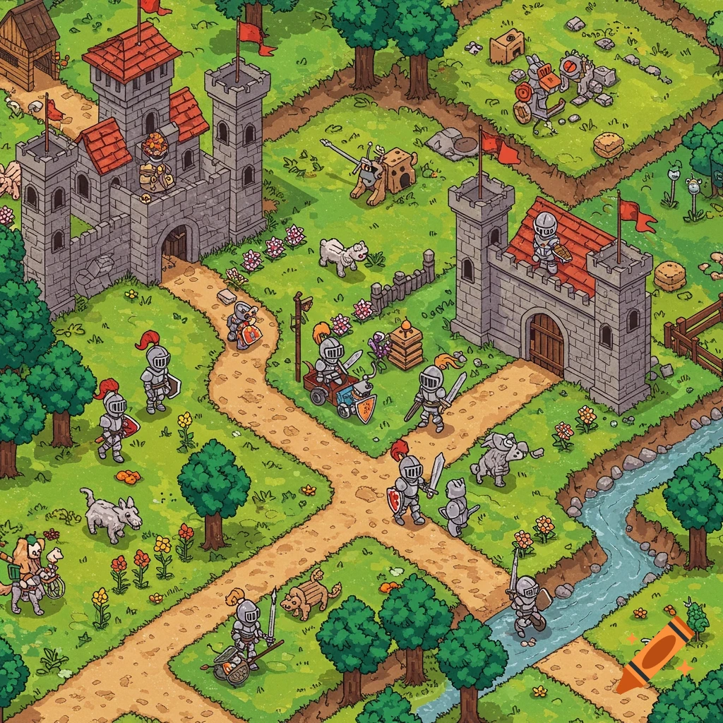 Isometric cartoon fantasy landscape with castles, knights, rivers, and forests.