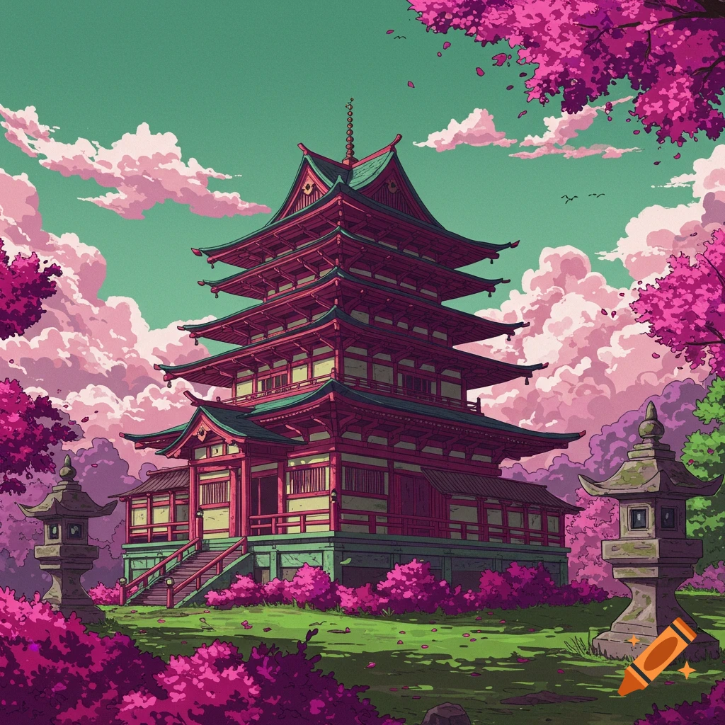 Red pagoda or temple in a landscape with pink flowering trees and clouds, anime style.