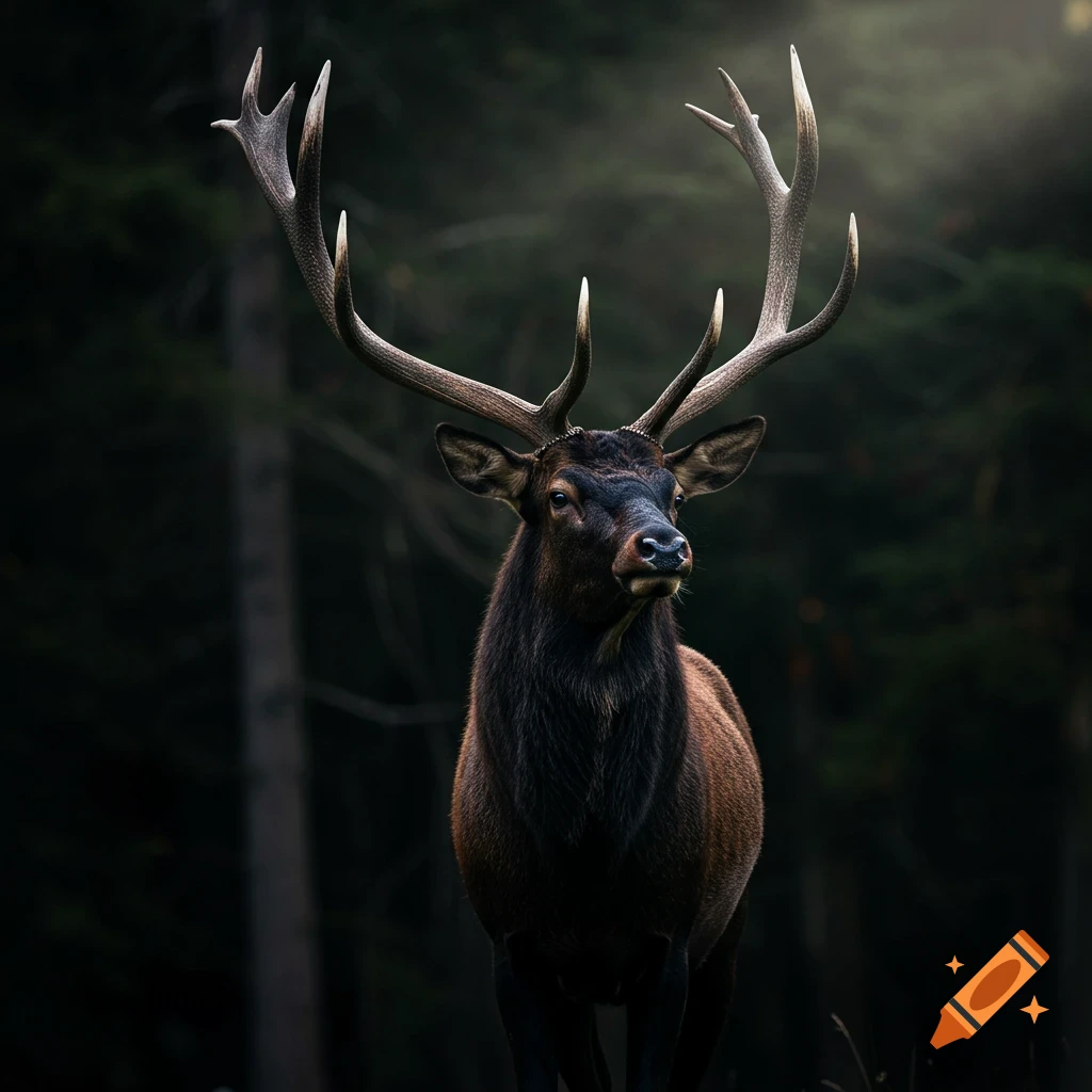 A majestic elk with large antlers stands in a dark forest.
