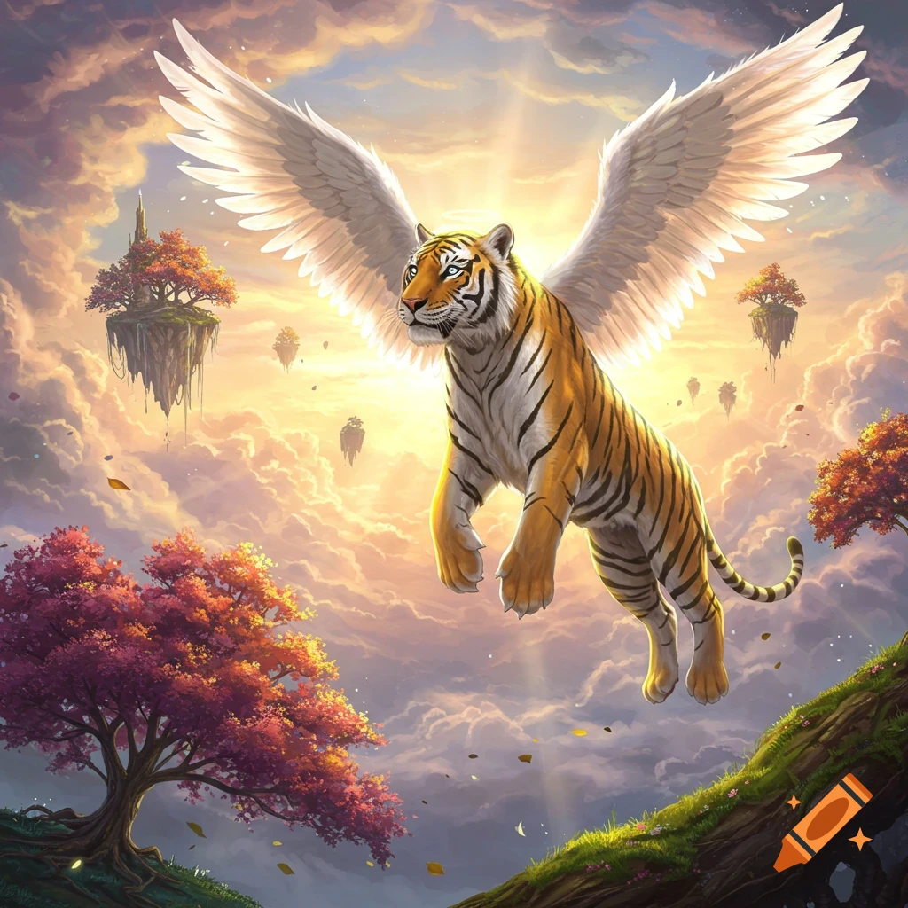 A majestic winged tiger flies through a fantasy sky filled with clouds, floating islands, and mystical trees.