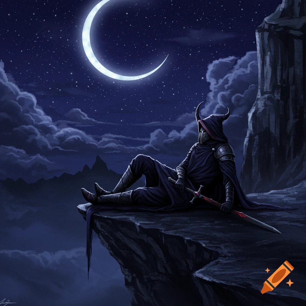 A dark knight with horns sits on a cliff edge under a crescent moon and starry sky.