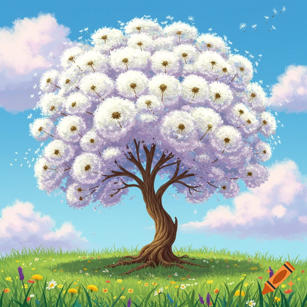 A whimsical tree with a canopy made of fluffy white dandelion seed heads stands in a vibrant green meadow under a blue sky.