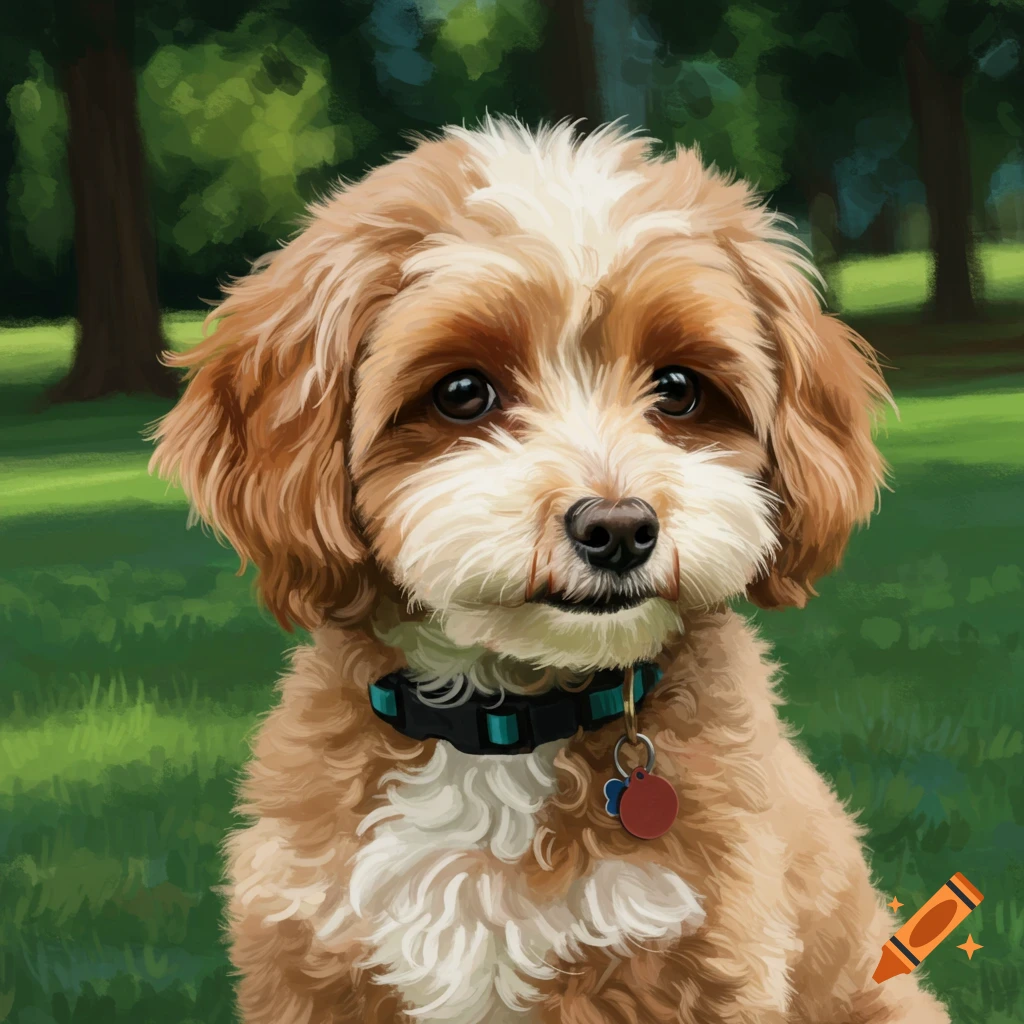 A parti apricot mini poodle sitting in a park, painted style.