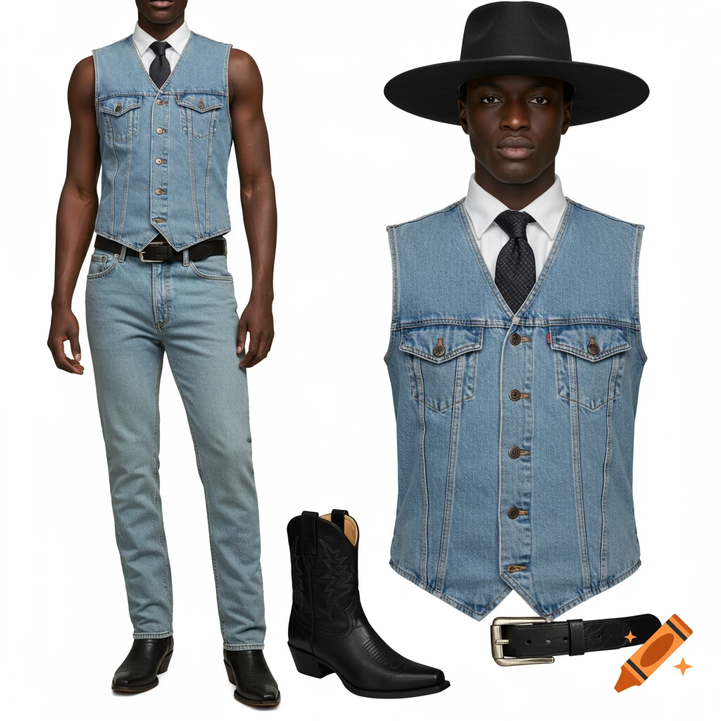 A Black man wears a denim vest and jeans with black cowboy boots, belt, hat, shirt, and tie.