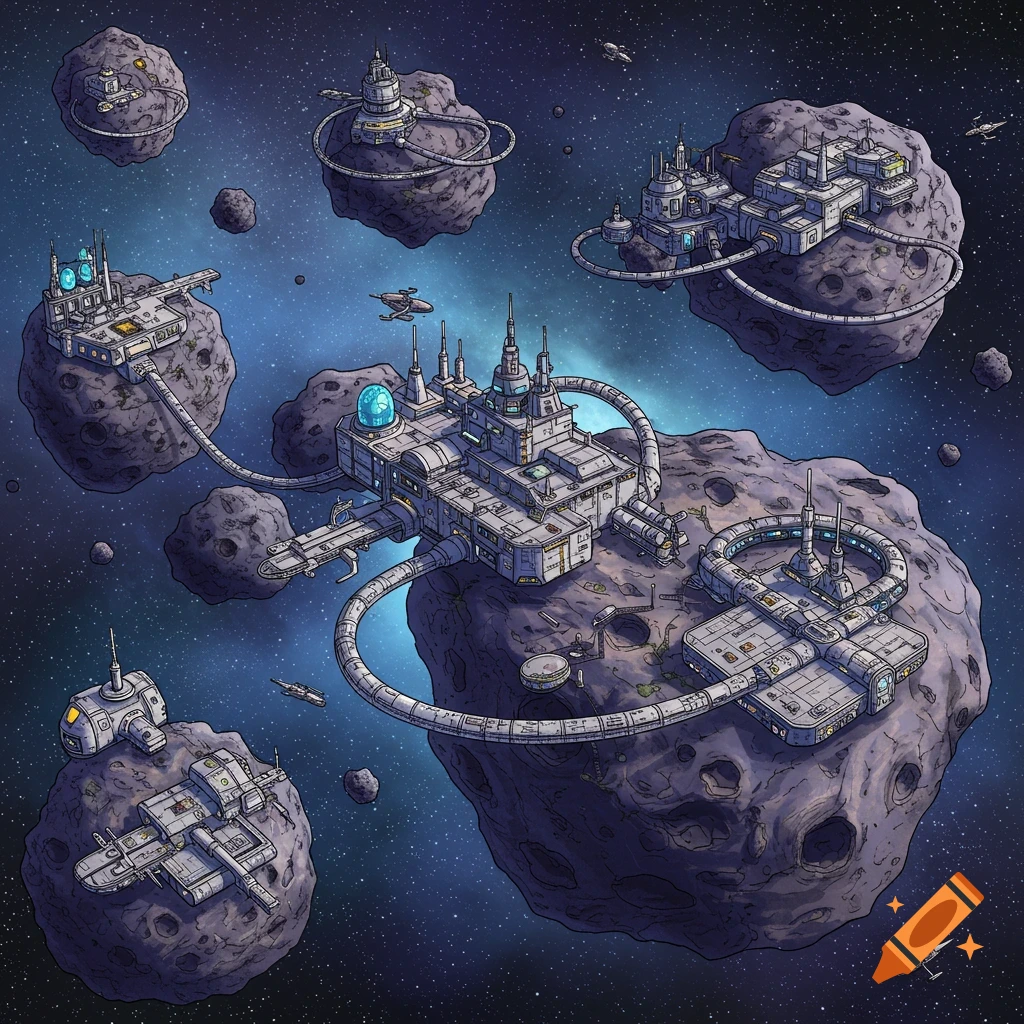 An illustration of a starbase built on multiple asteroids connected by tunnels in deep space.