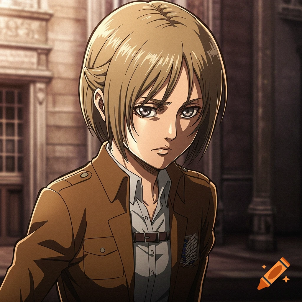 Anime portrait of a character with short blonde hair wearing a brown jacket outside a building