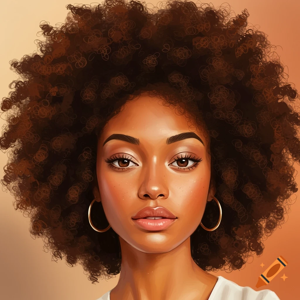 Close-up painterly portrait of a woman with curly afro hair and gold hoop earrings.