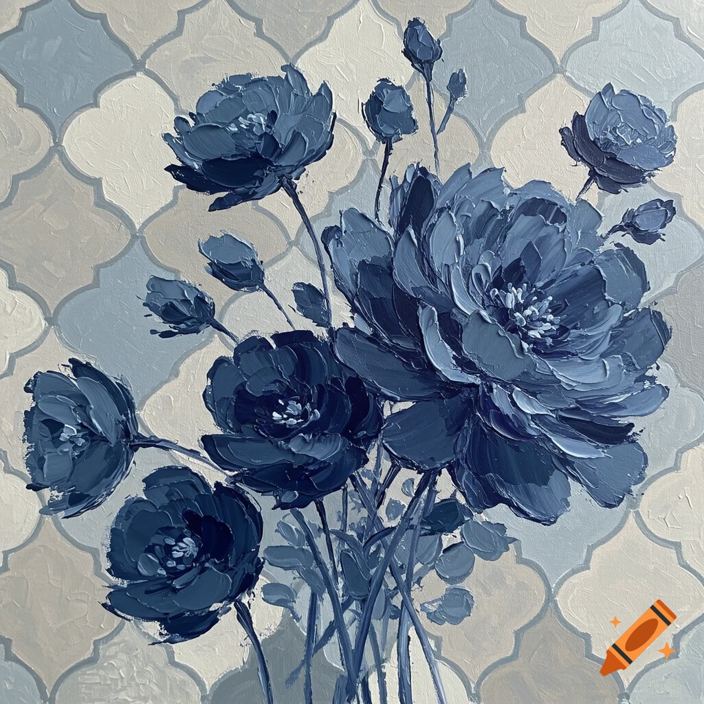 Oil painting of blue flowers with visible brush strokes against a pale patterned background.