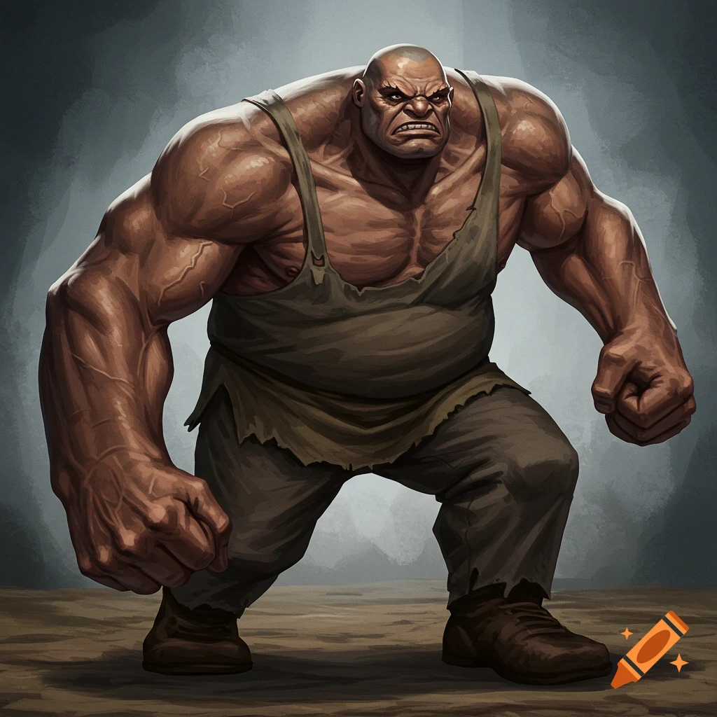 Illustration of a giant, muscular character with a mean expression, wearing a torn tank top.
