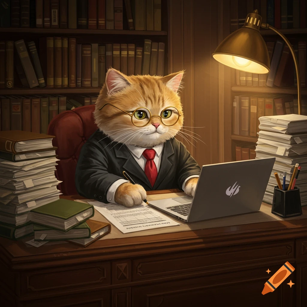 An anthropomorphic cat wearing a suit and glasses sits at a desk in a library, writing on paper with a pen while a laptop is open nearby.