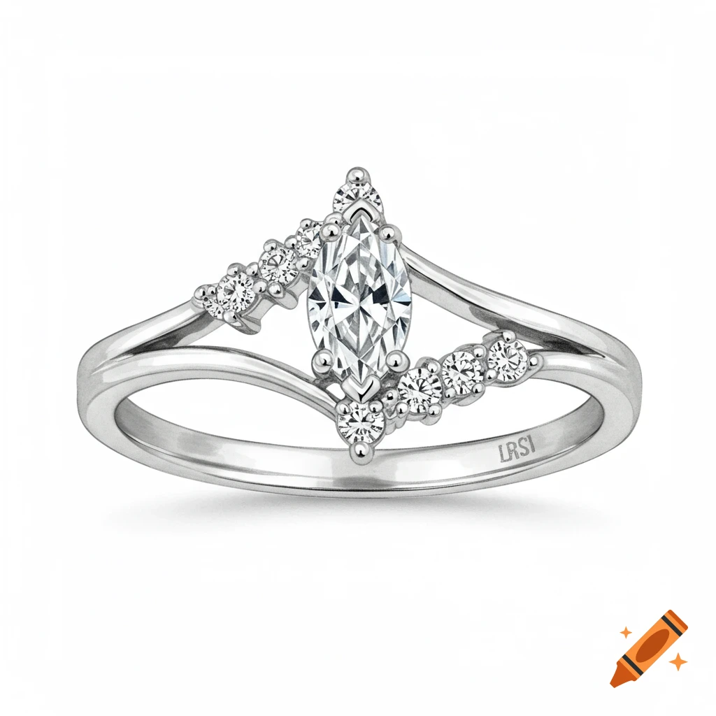 Platinum ring with a marquise diamond and cluster diamonds.