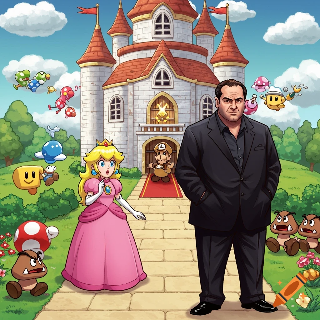 Princess Peach and Tony Soprano stand outside Peach's Castle with Mario characters in a cartoon style illustration.