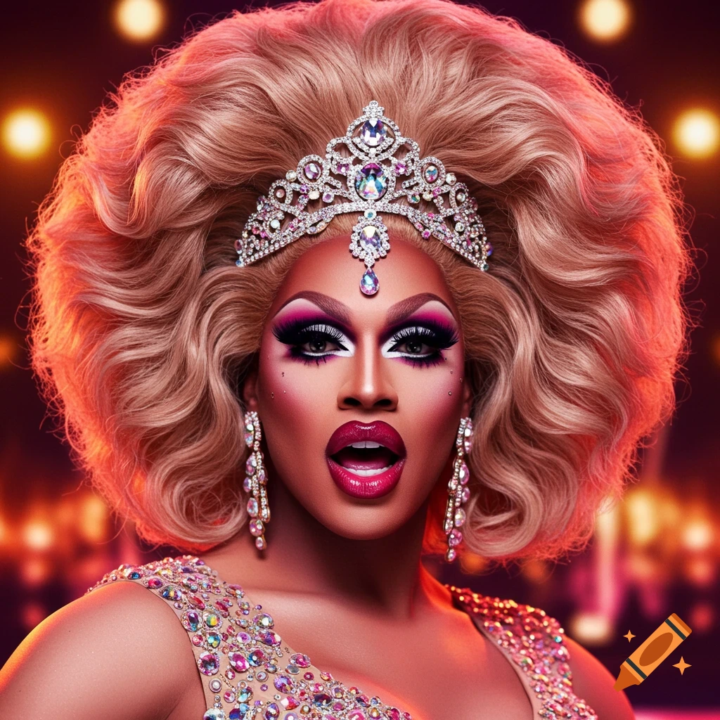 Close-up portrait of a drag queen with dramatic makeup, large hair, tiara, and a sparkling dress.