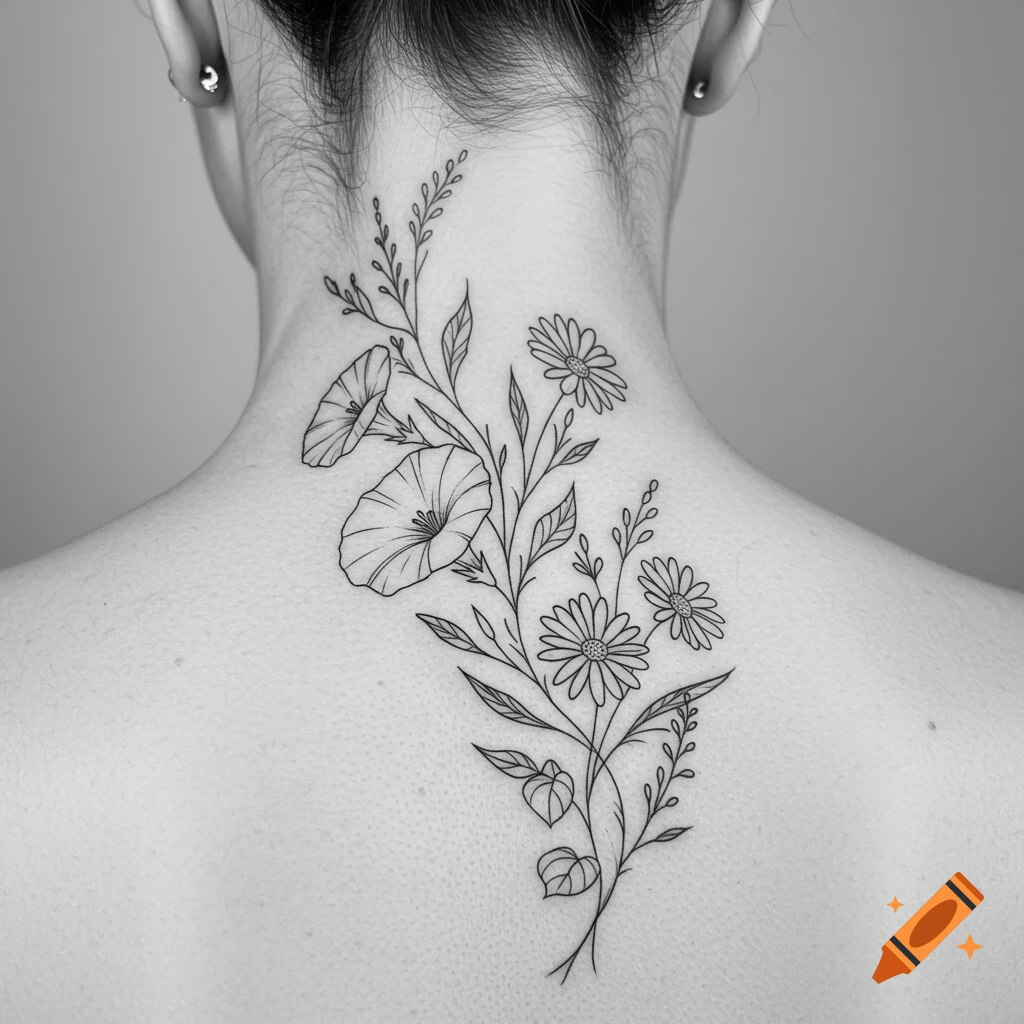 Black and white fine line tattoo of morning glory and daisies on a person's upper back.