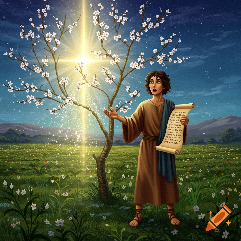 An illustration of a young man in biblical clothing holding a scroll, standing in a field near a glowing tree.