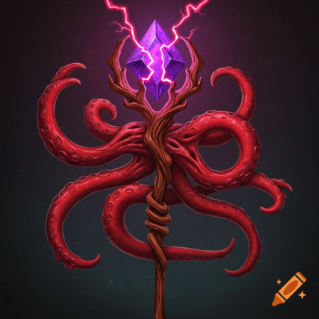 A fantasy staff wrapped in red tentacles with a purple gem and lightning at the top.