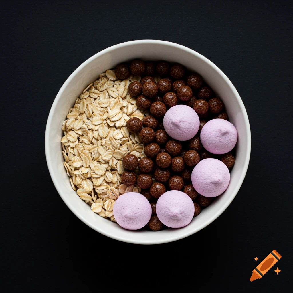 A bowl of oats, chocolate cereal spheres, and pink meringues on a black background