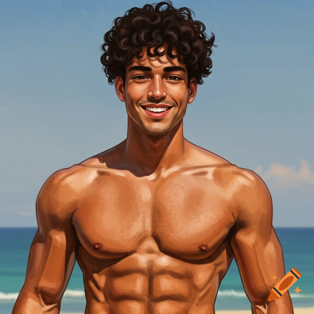 A smiling man with curly hair and defined abs stands on a beach. Digital art illustration.