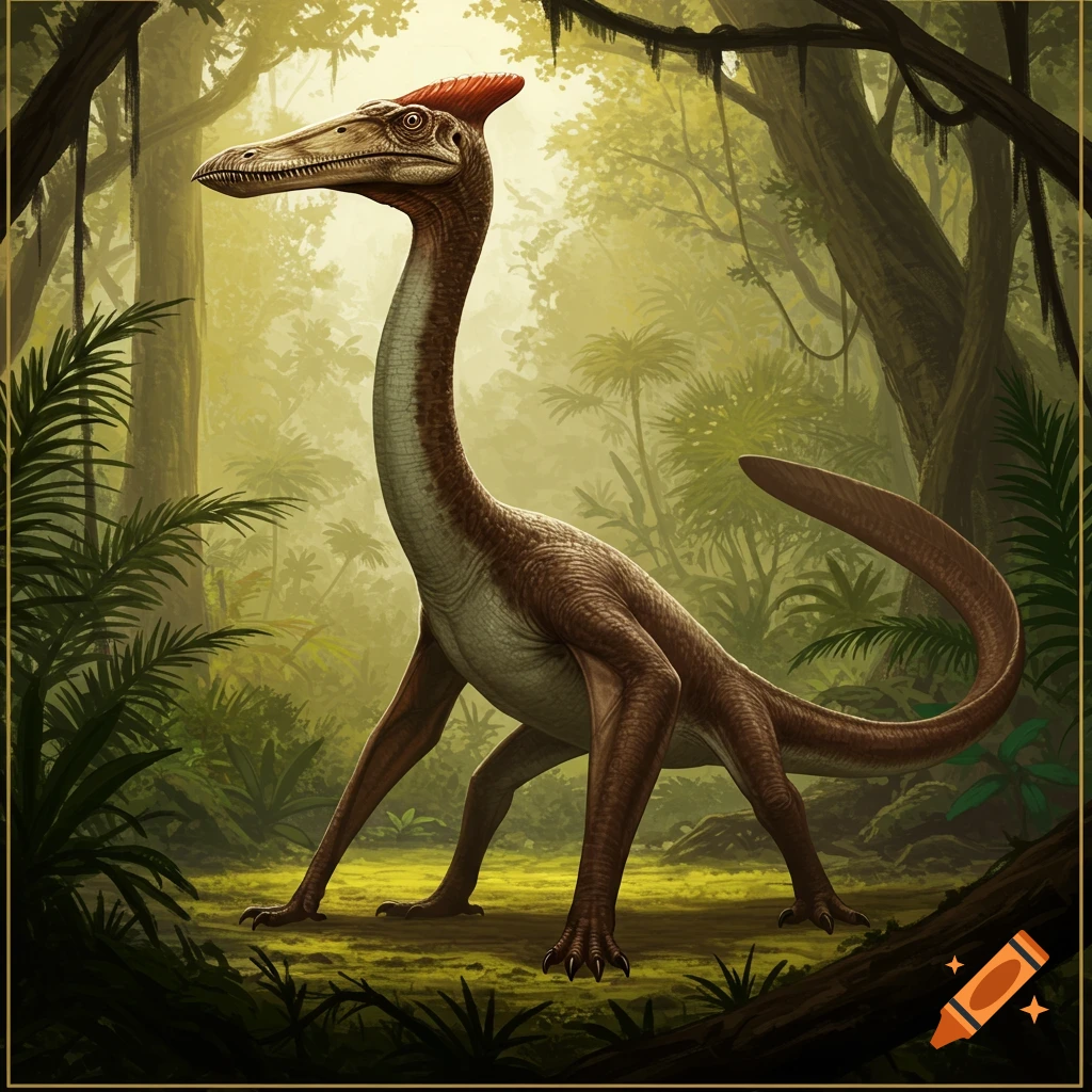A long-necked, four-legged creature with a red crest stands in a lush jungle.