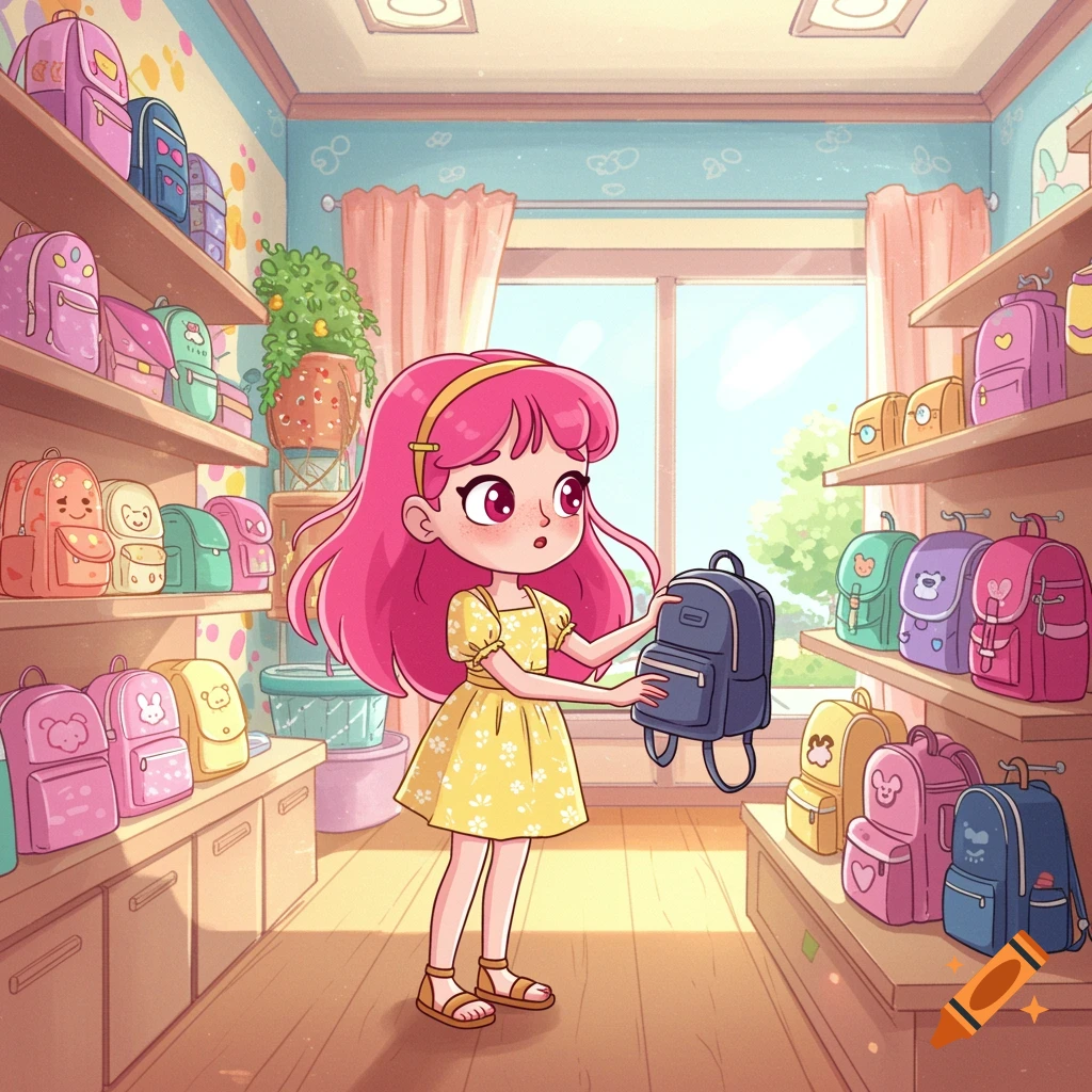 A cartoon girl looks at colorful backpacks in a shop.