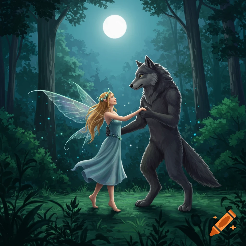 A fairy with translucent wings and a wolf-like creature dance in a forest at night under a full moon.